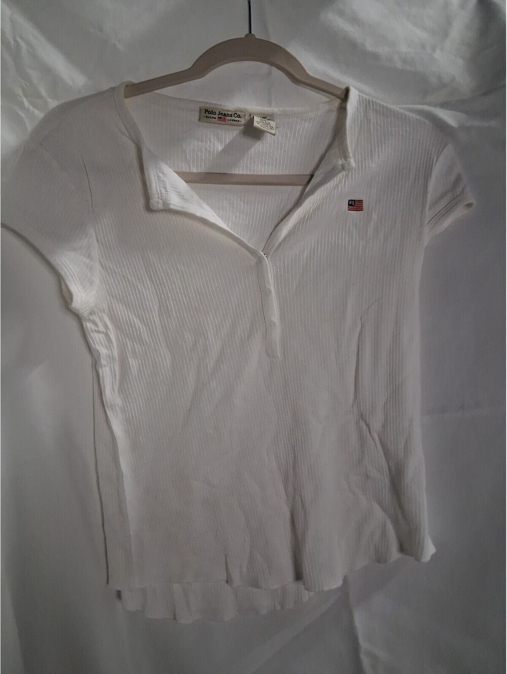Vintage Polo Jeans Co white cotton short-sleeve ruffled collar polo shirt Med O2